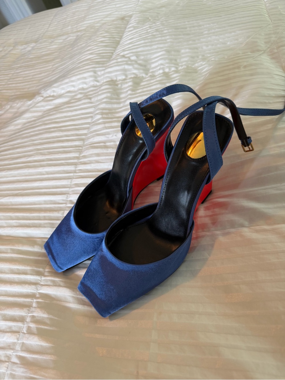 Elegant Blue Satin Peep-Toe Wedge Heel with Red Sole